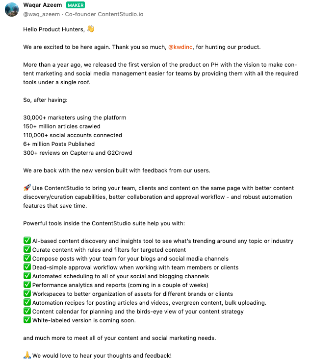 How to write your first comment on Product hunt - ContentStudio