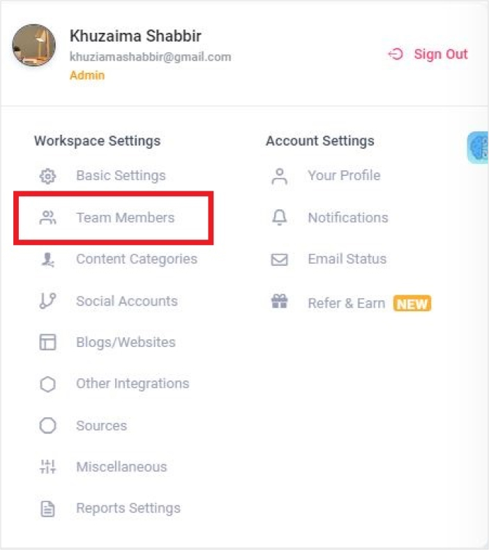 go to team members in ContentStudio's setting