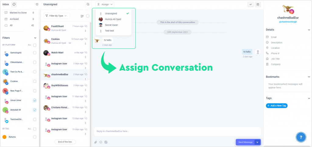 Assign conversation to a team member for Instagram Management