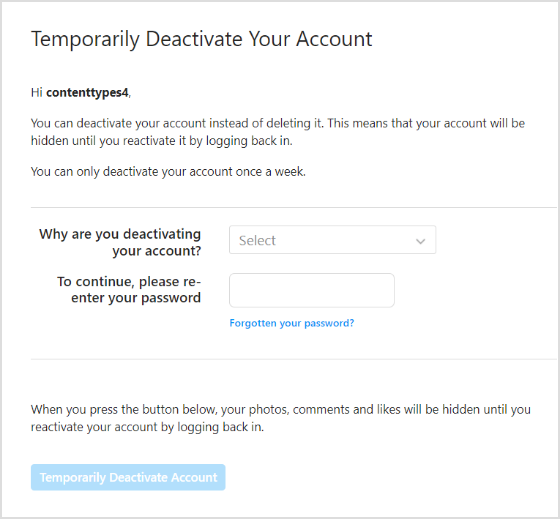 Account deactivation tab