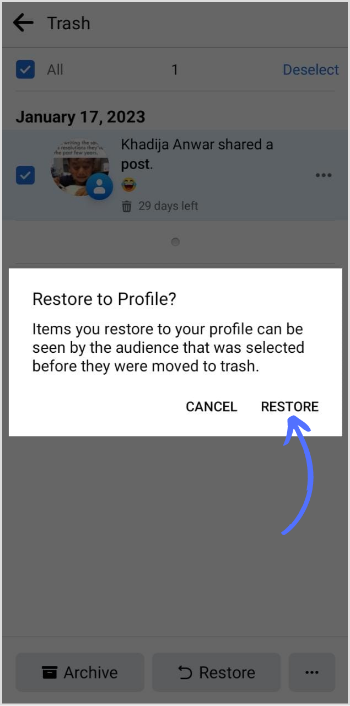 tap on restore to confirm