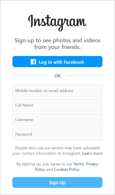 Instagram sign up
