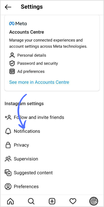 Tap on notifications on instagram