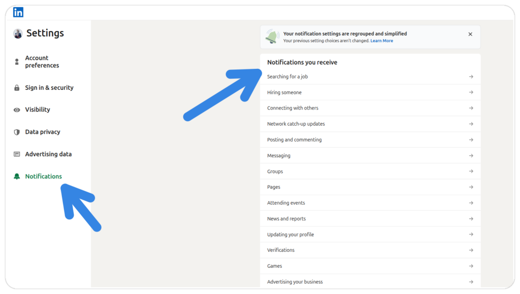 notifications setting on linkedin