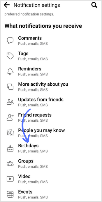 How to turn on birthday notifications on Facebook?