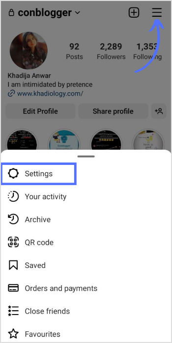 tap on hamburger icon on IG profile