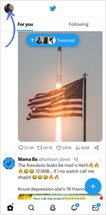tap on profile icon in top left corner on Twitter