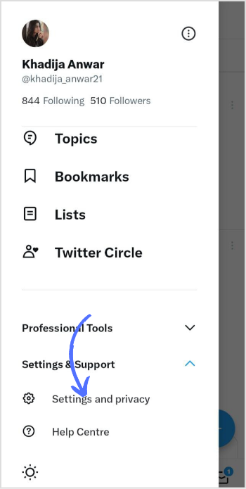 tap on settings and privacy in Twitter