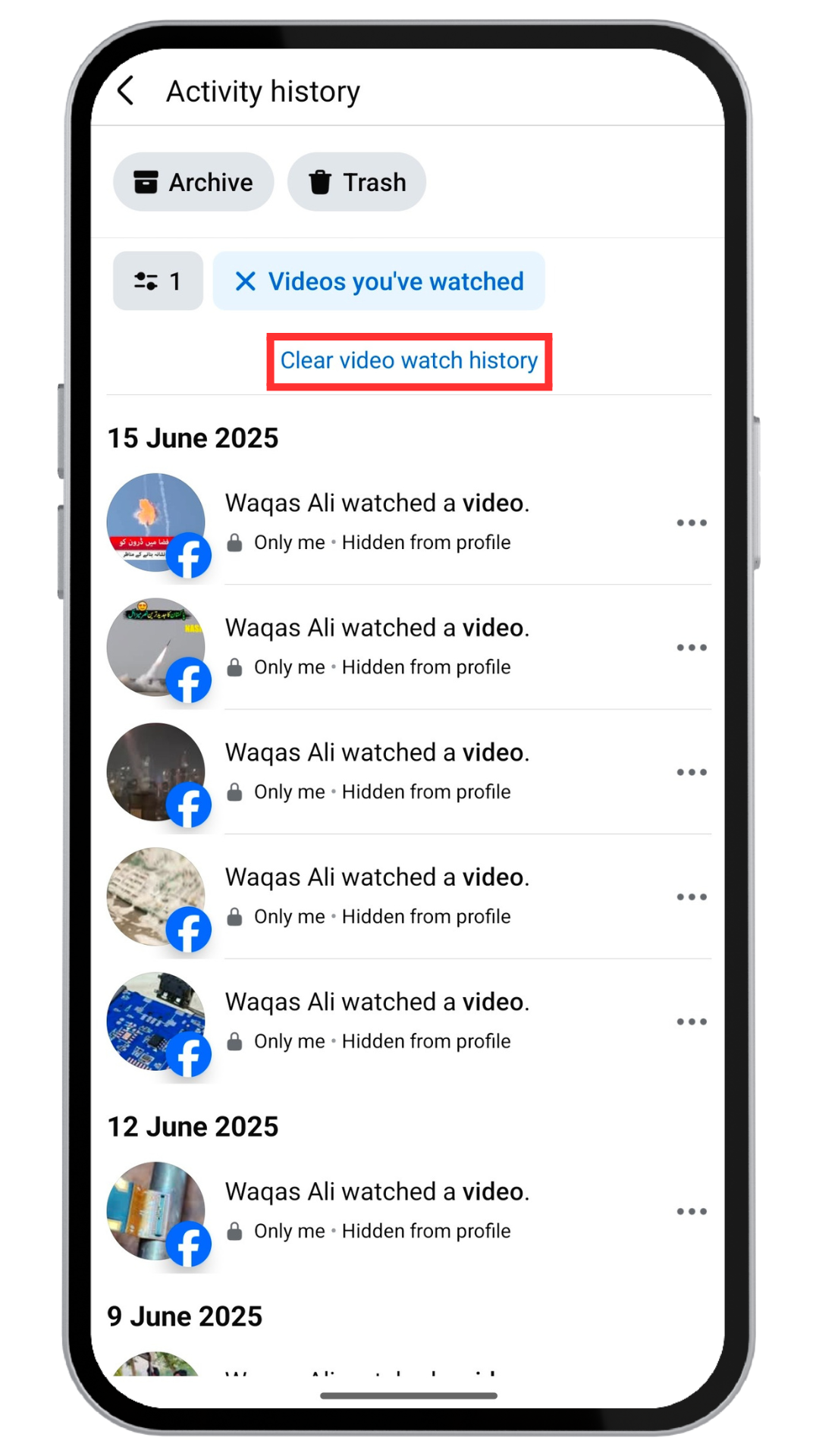How to clear Facebook watch history step 6