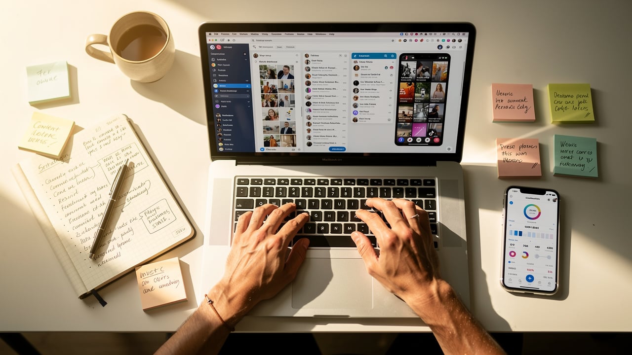 Researching social media platforms and industry trends on laptop