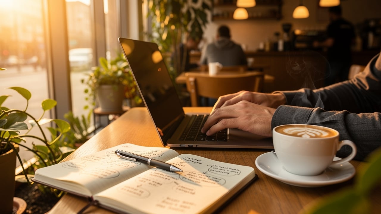 Content writer writing engaging blog post in cafe