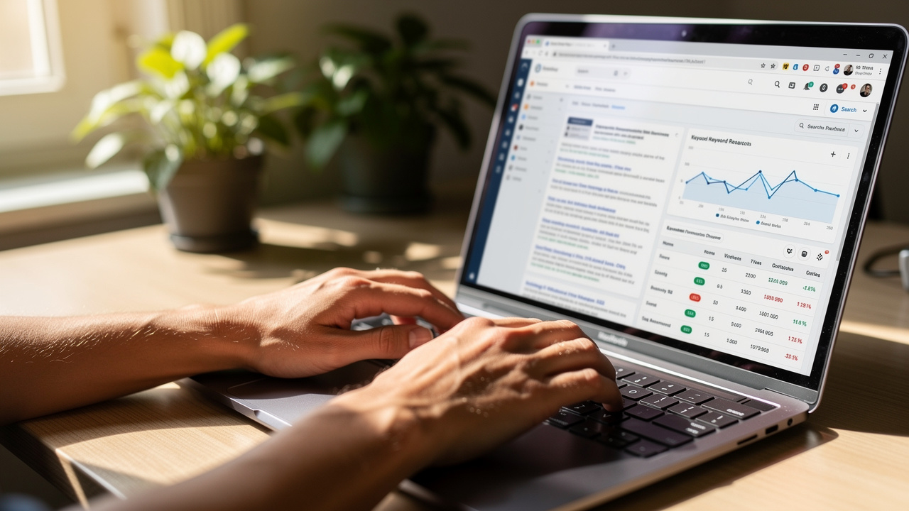 Professional conducting SEO keyword research on laptop