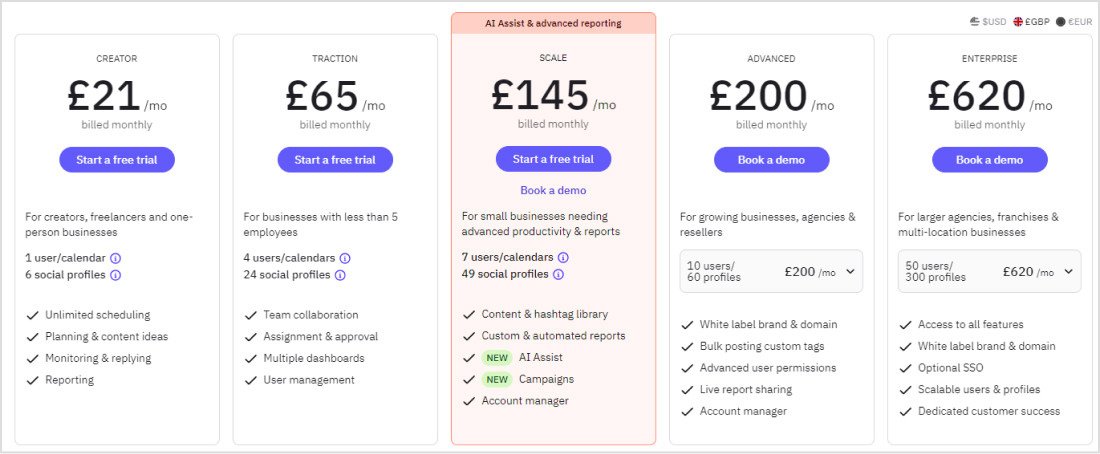 Sendible pricing