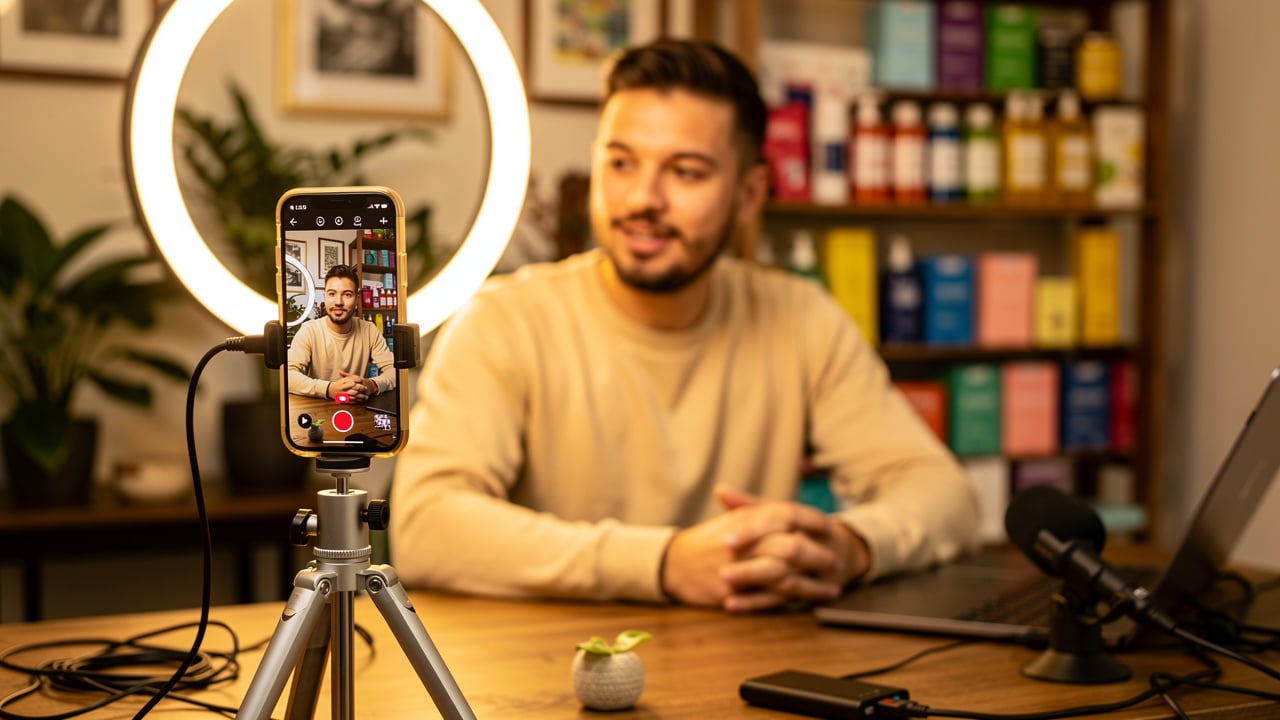 Content creator filming Instagram Reels with professional setup
