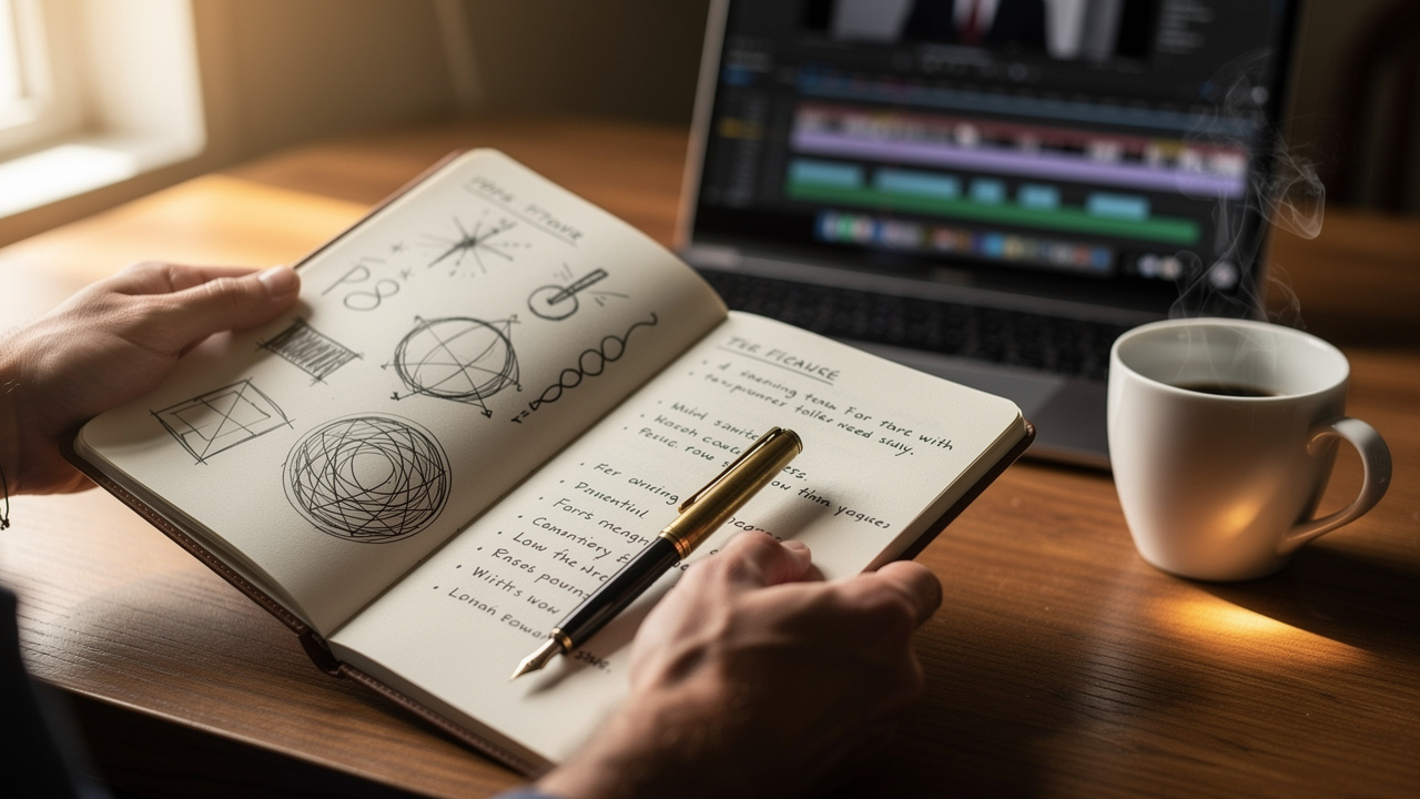 Scriptwriter crafting video content with notebook and coffee