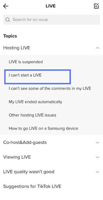 Tap I can't start a Live