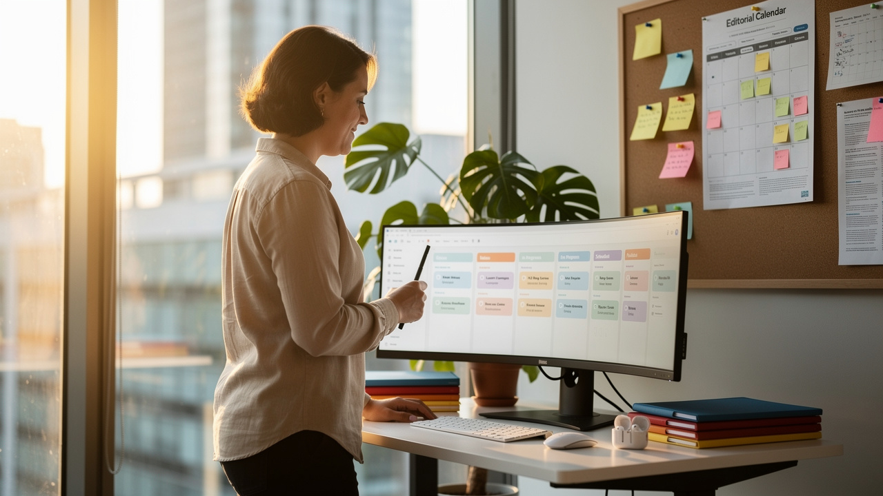Content strategist reviewing brand-aligned editorial calendar and workflow
