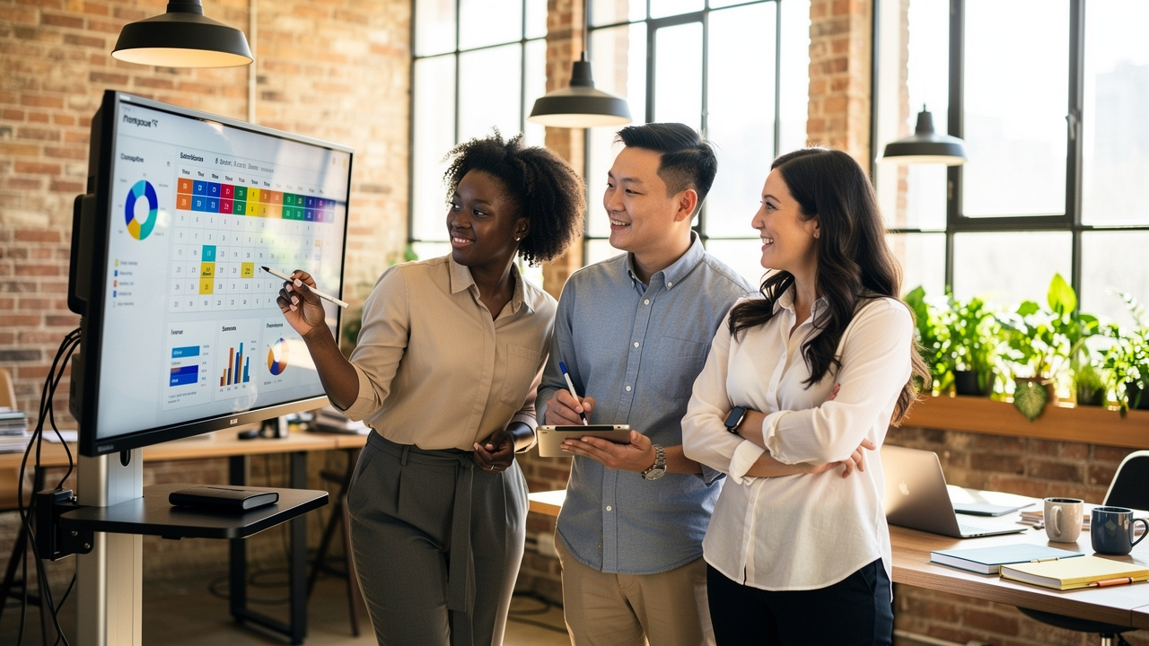 Diverse marketing agency team reviewing brand content workflows together