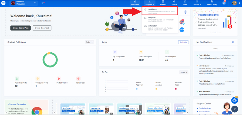 Select social media post composer from ContentStudio's dashboard