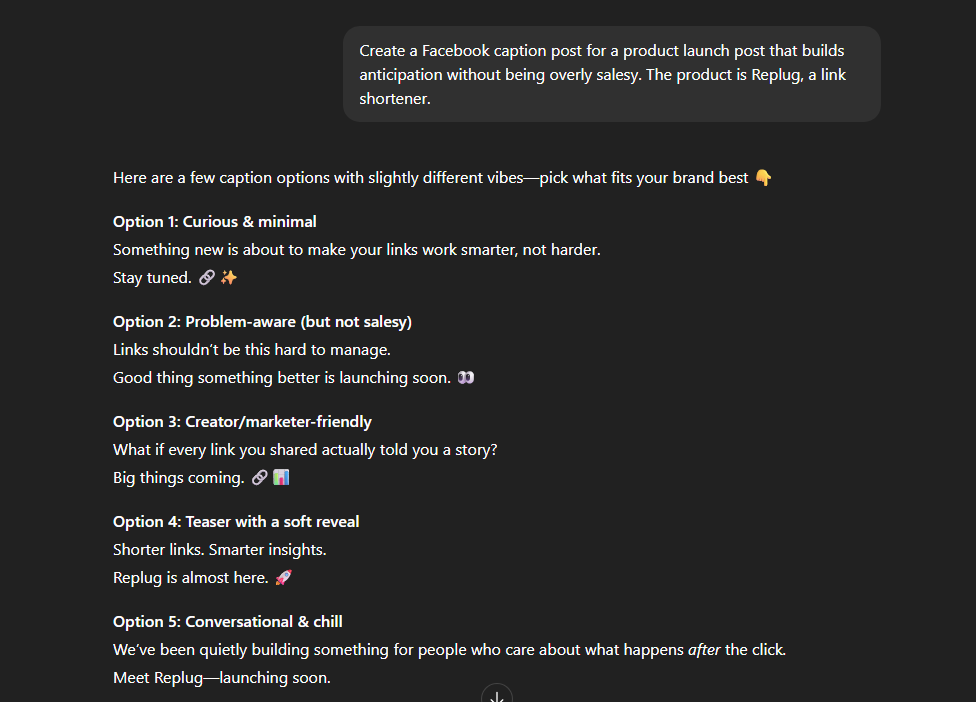 Facebook caption creation prompts