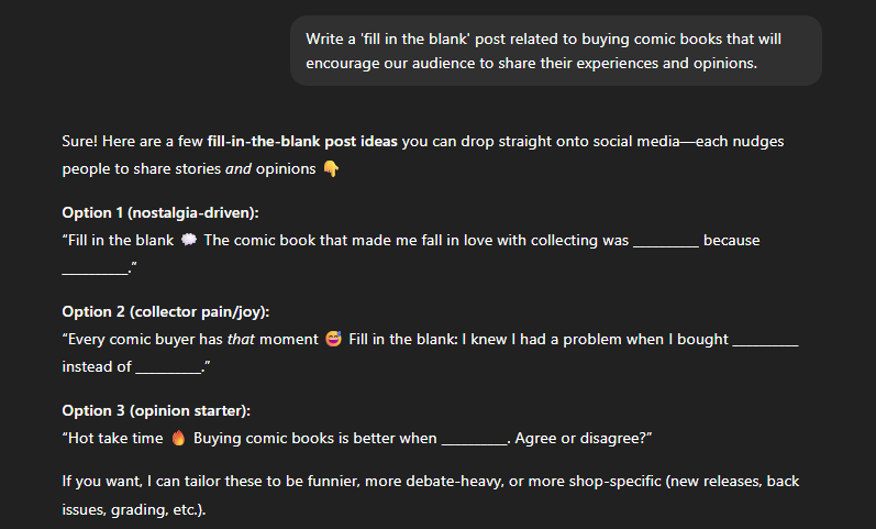 Engagement-focused Facebook content prompts