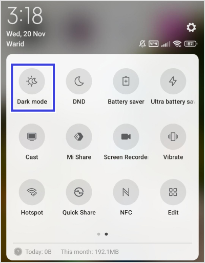 Dark mode quick setting