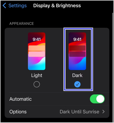 Tap Dark mode iOS