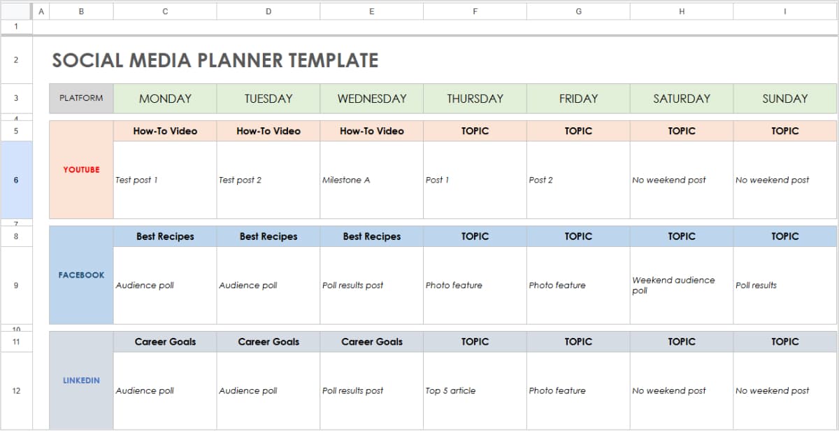 Google Sheets Social Media Planner Example