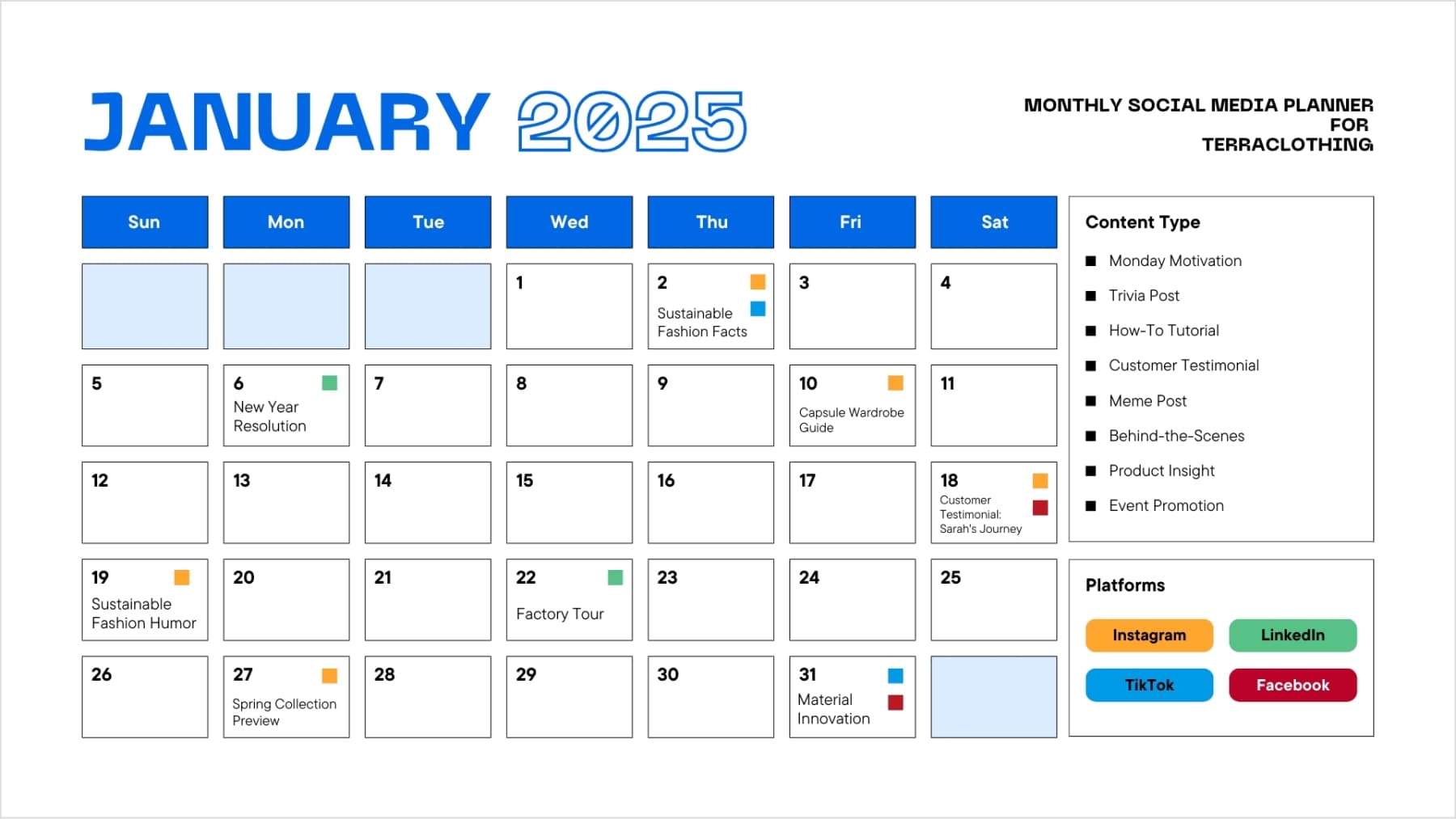 January 2025 Calendar for TerraClothing