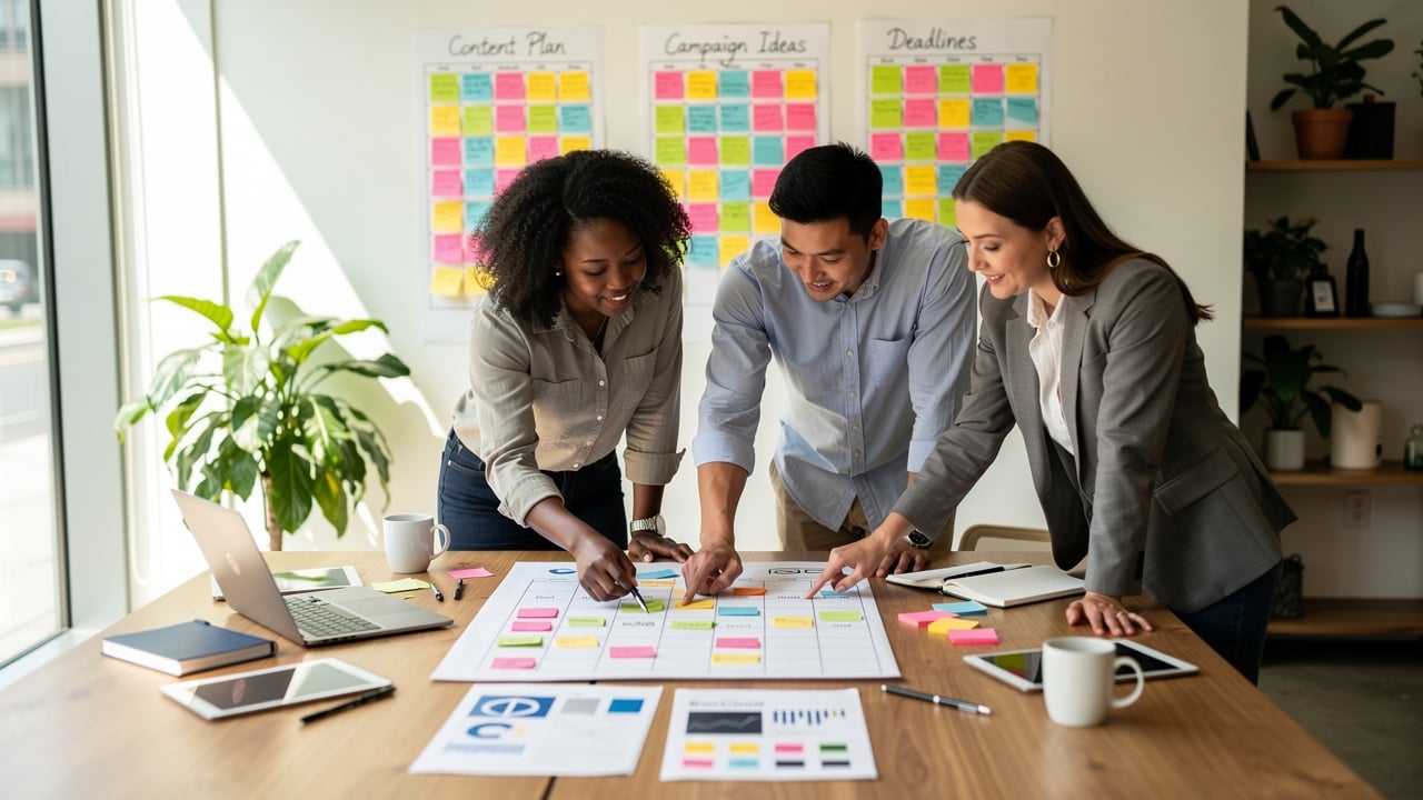 Marketing team collaborating on social media calendar strategy