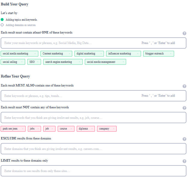 Query builder interface showing different options