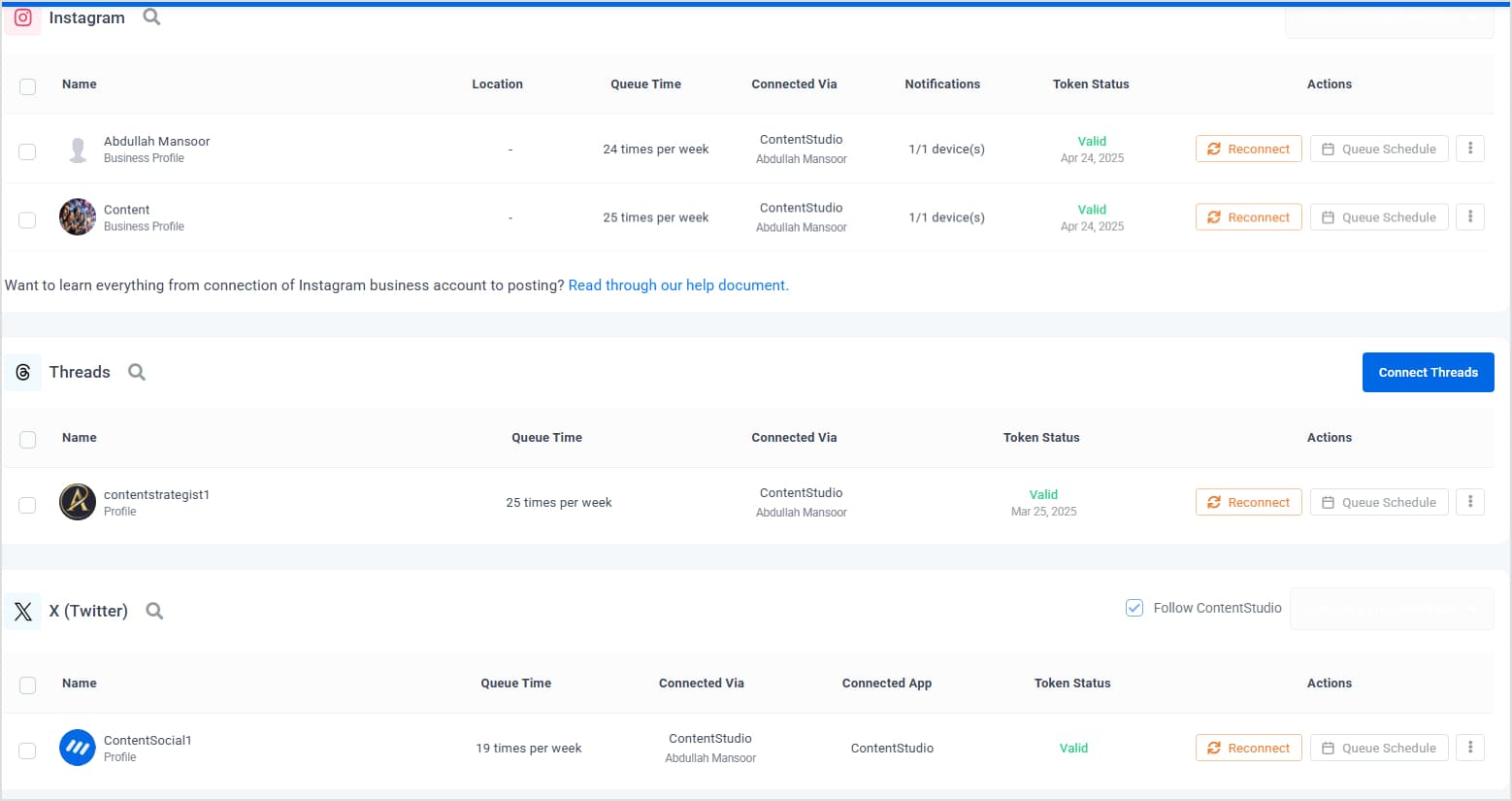 Connected Social Accounts in ContentStudio