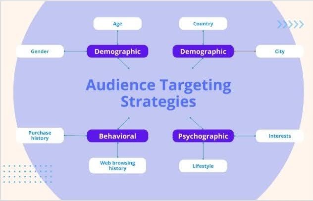 Mindmap showing audience targeting strategies, including demographic, behavioral, and psychographic insights.