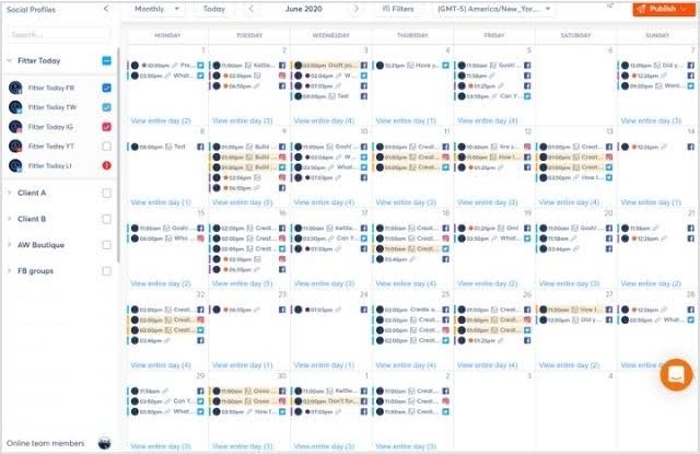 Agorapulse content calendar displaying scheduled posts across multiple platforms for seamless social media management.