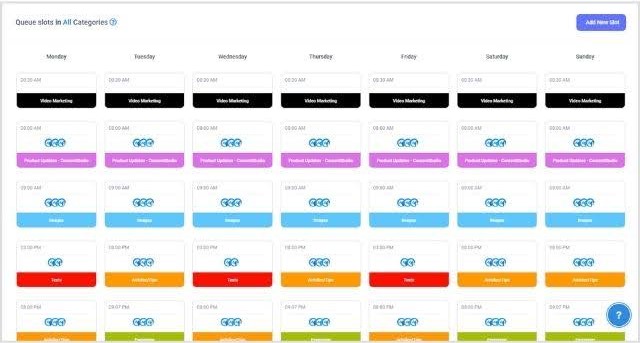  Content calendar showcasing scheduled posts with custom queues for balanced posting across various platforms.