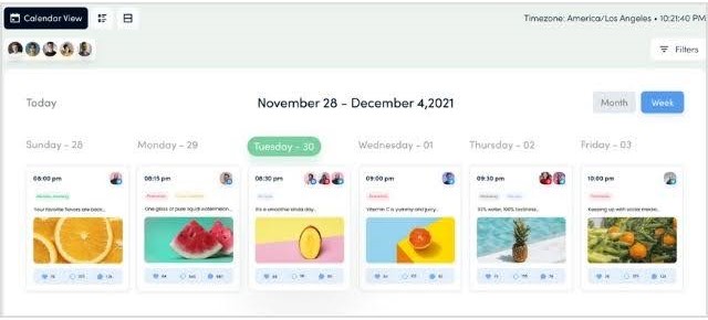 Weekly content calendar view showing organized posts with visuals, captions, engagement metrics, and timings.