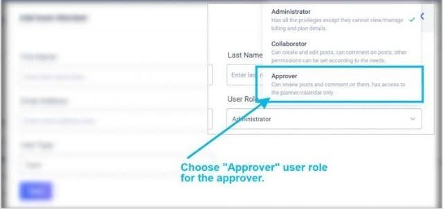 User interface for adding team members with roles like Administrator, Collaborator, and Approver in a tool.