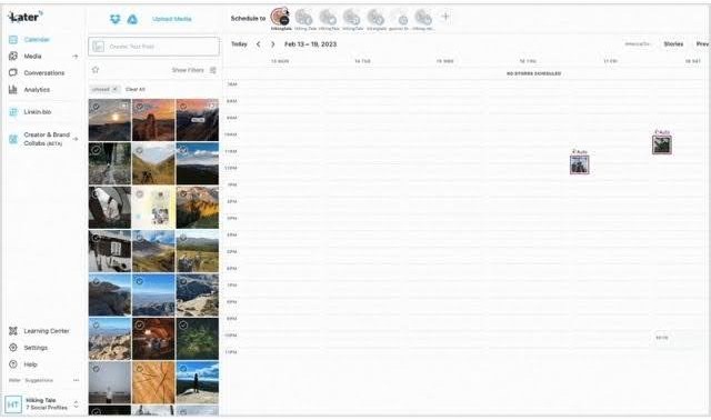 Later’s drag-and-drop visual calendar interface showcasing scheduled posts and auto-scheduling capabilities.
