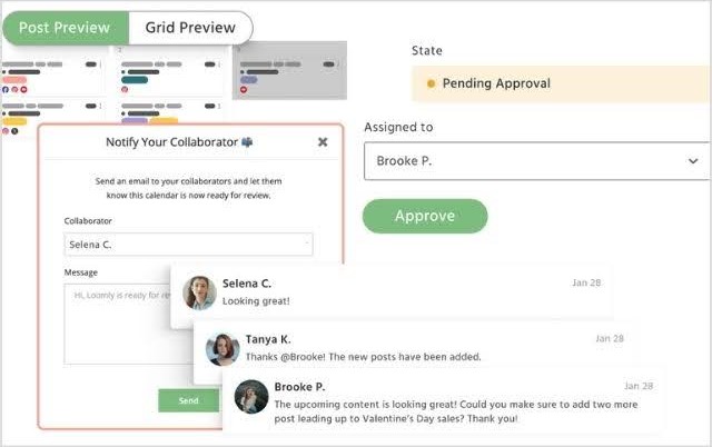 Loomly’s approval workflow interface displaying collaborator feedback and customizable approval stages.