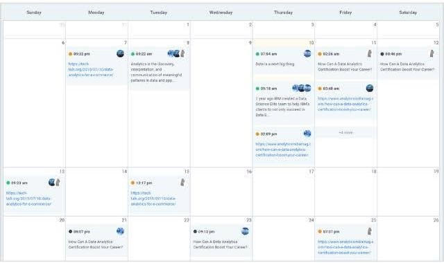 Monthly content scheduling calendar displaying organized posts with specific times for seamless automation.