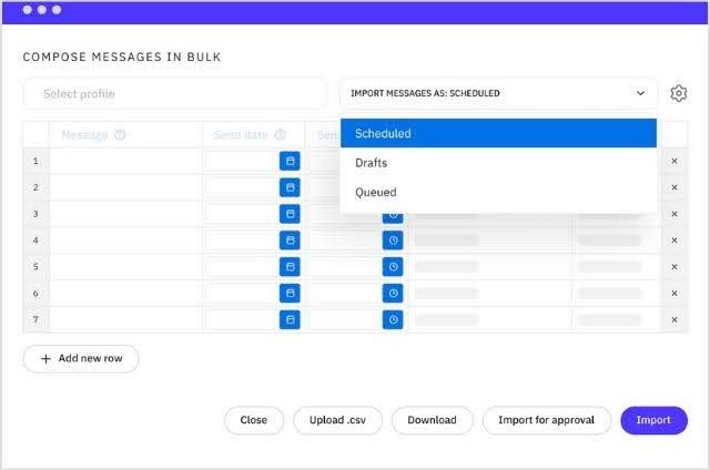 Sendible's bulk scheduling interface for importing and managing multiple posts efficiently across accounts.