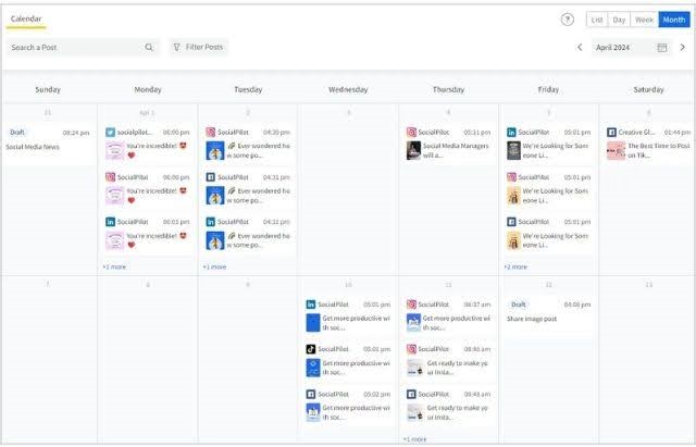 SocialPilot's content calendar interface displaying scheduled posts across multiple platforms