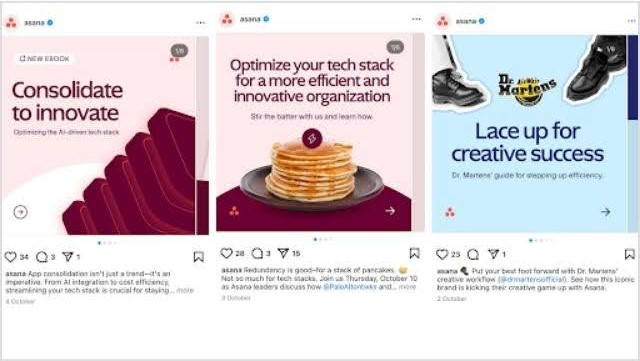 Asana showcases creative, scheduled Instagram posts highlighting efficient workflows, tech stack optimization, and brand success stories.