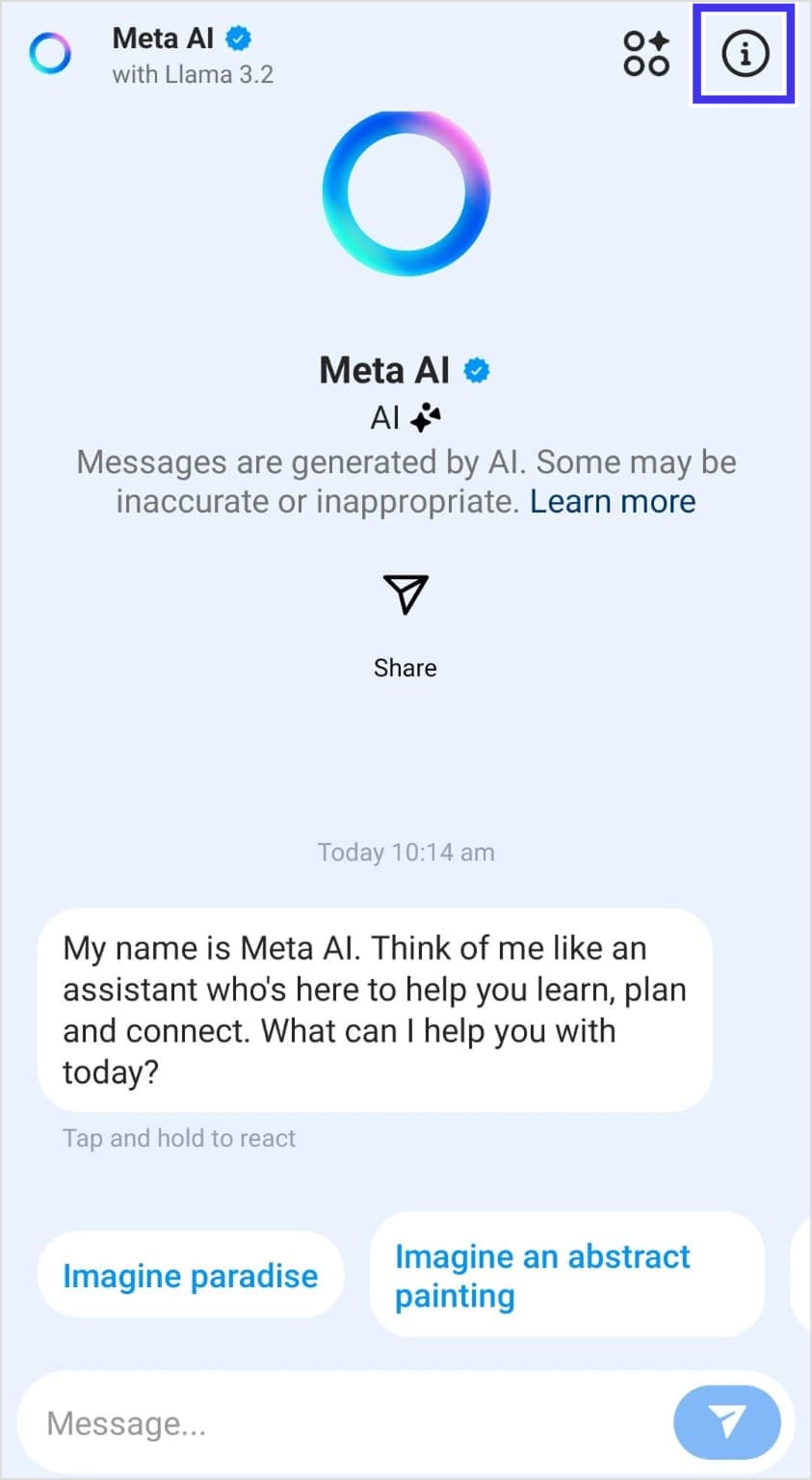 Tap the i button in Meta AI chatbot on Instagram