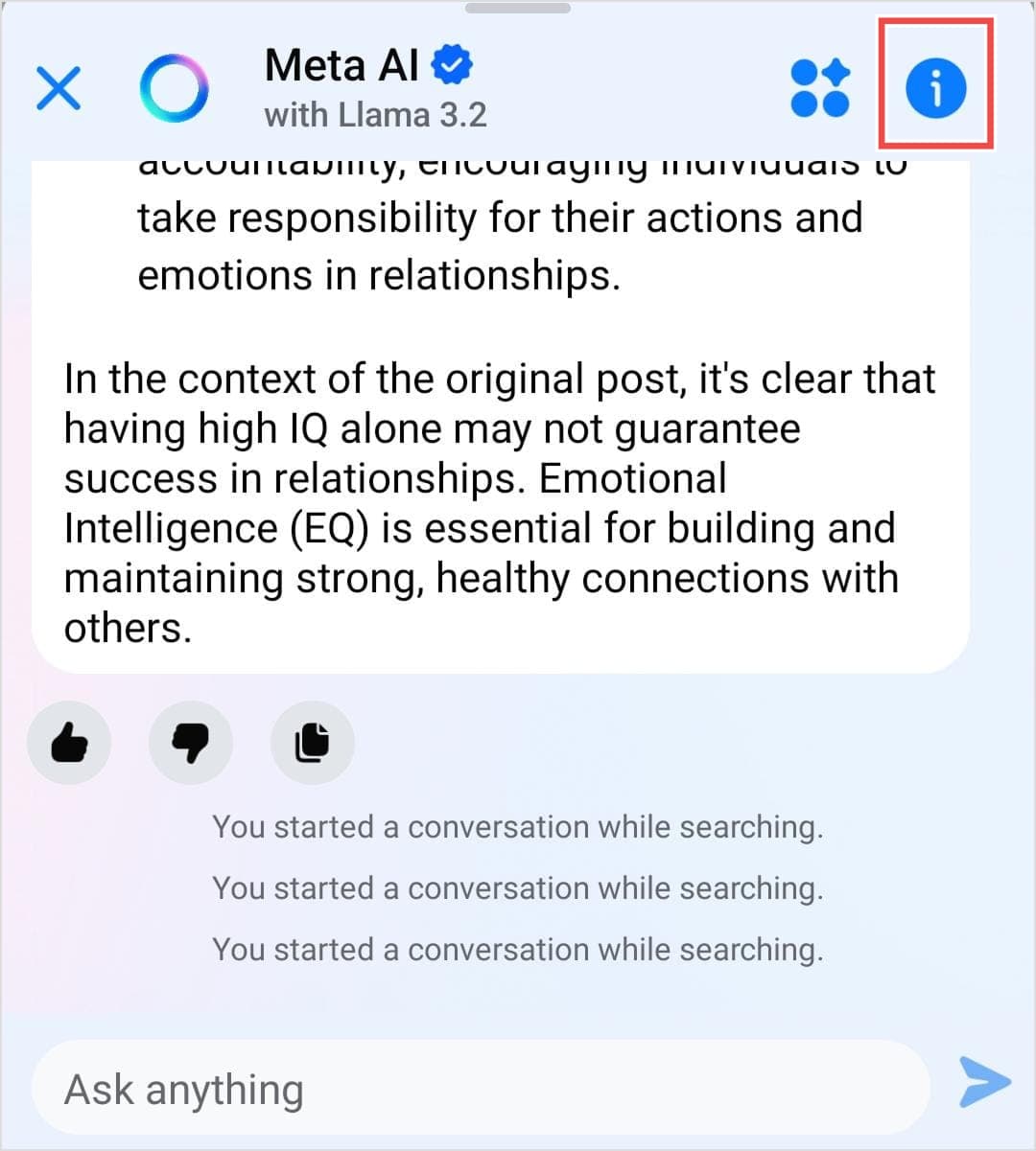 Tap the i button on Ask Meta AI chatbot