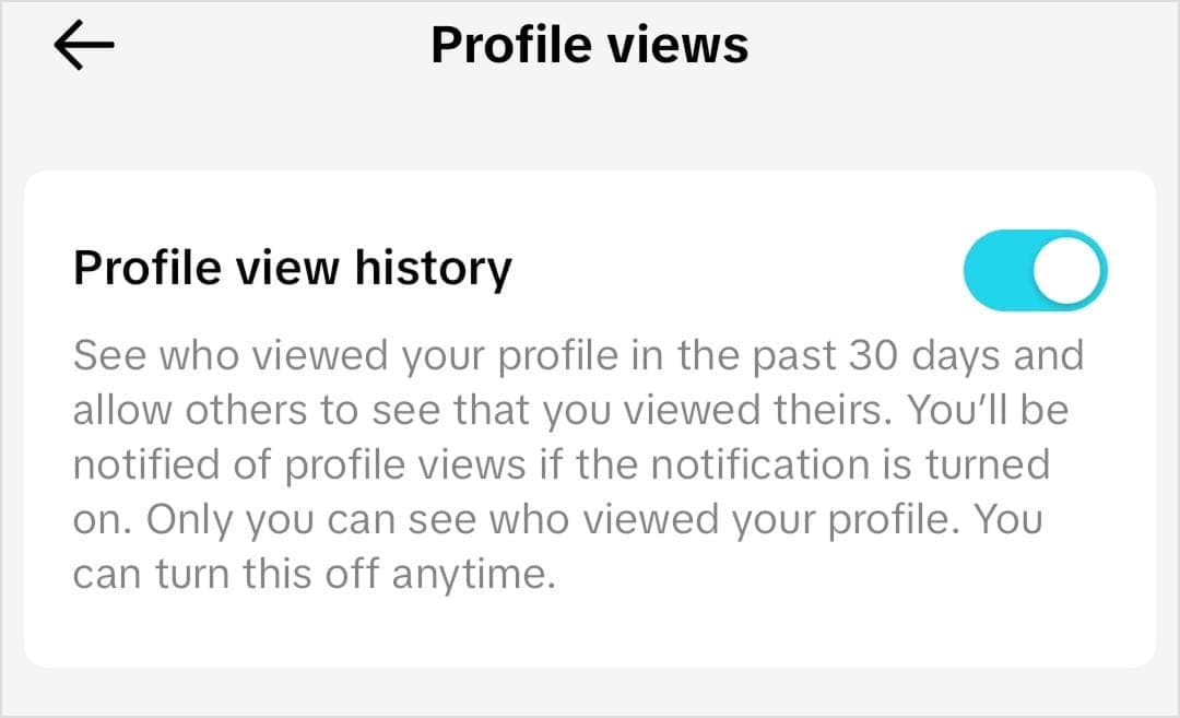 Toggle Profile view history button