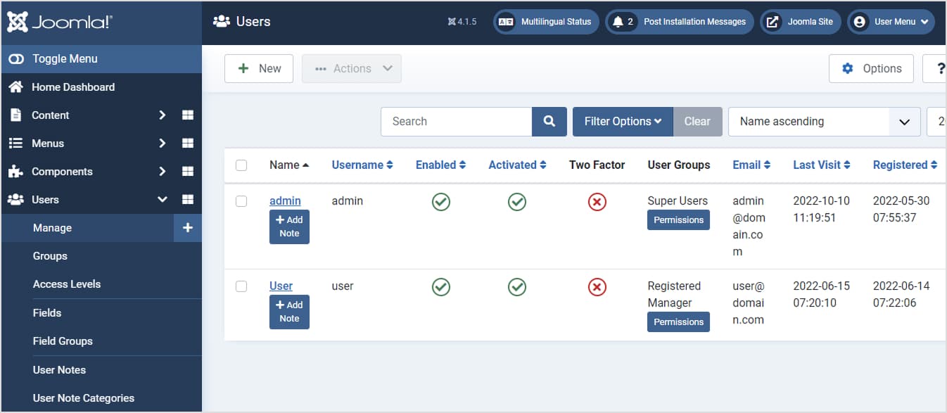 Joomla Dashboard