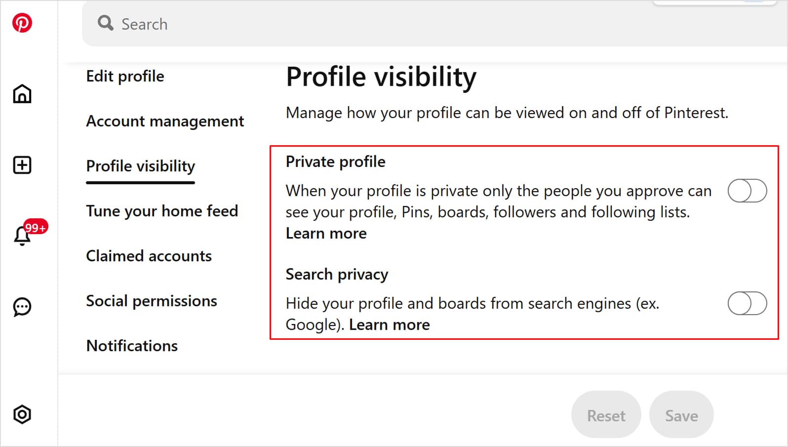 Pinterest Profile Visibility settings