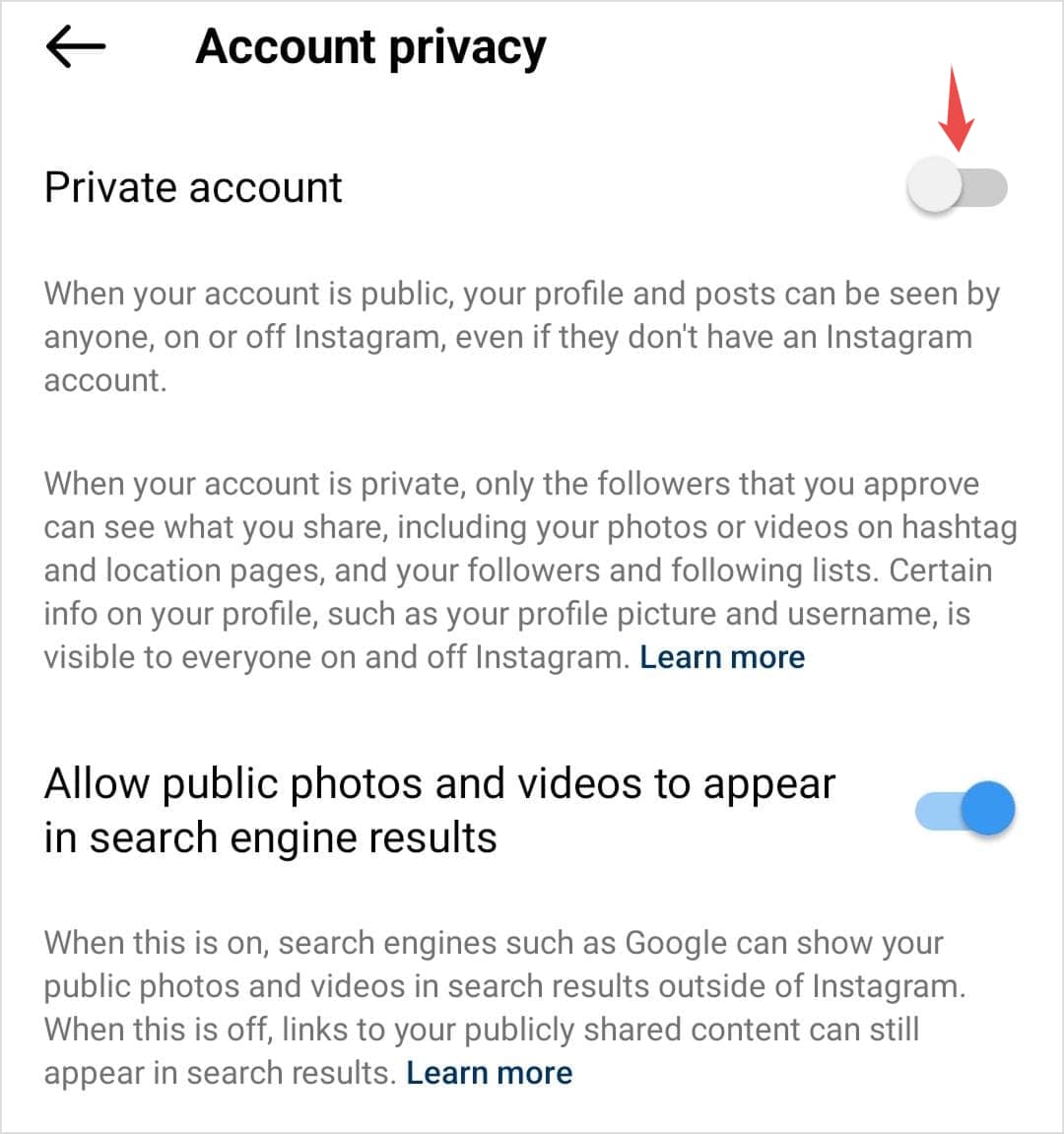 Toggle on Private Account