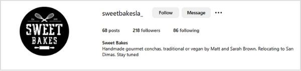 Instagram profile of Sweet Bakes with a location-based handle, @SweetBakesLA.